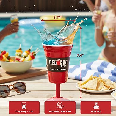 Reusable Red Plastic Wine Glass with Stem, 8oz Durable Drinking Glass for Parties