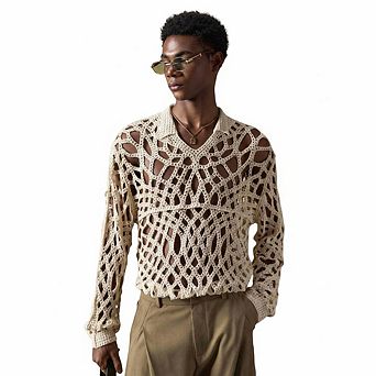 Men's Crochet Knit Floral Pattern Loose Knitted Shirt