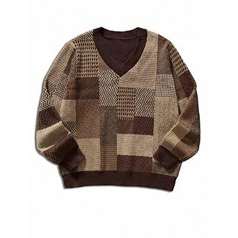 V-Neck Geometric Print Cable Knit Sweater