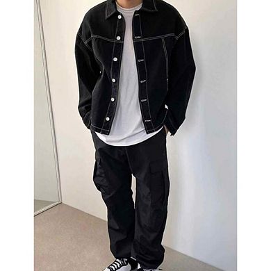 Cotton Drop Shoulder Top-Stitching Denim Jacket