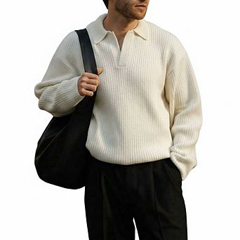Ribbed Knit Loose Polo Neck Pullover Sweater