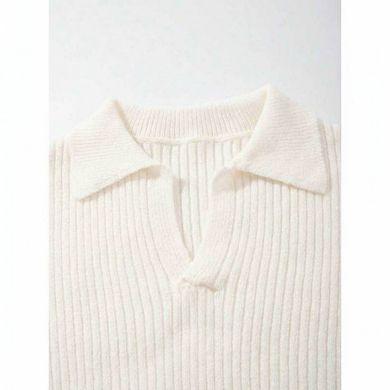 Ribbed Knit Loose Polo Neck Pullover Sweater