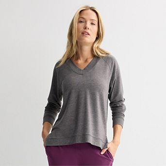 Petite Tek Gear® French Terry Long Sleeve V-Neck Top