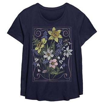Plus Size Missy Vintage Flowers Short Sleeve Scoop Hem Flow Tee