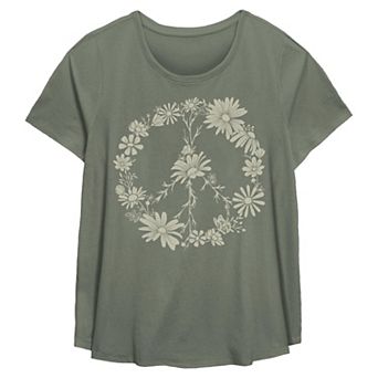 Plus Size Missy Plus Floral Peace Sign Short Sleeve Scoop Hem Flow Tee