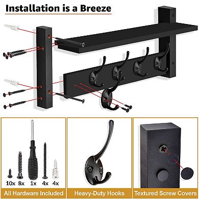 Sorbus 24 Inch Floating Wall Shelf with 5 Hooks for Entryway, Bathroom, Bedroom, Kitchen, etc