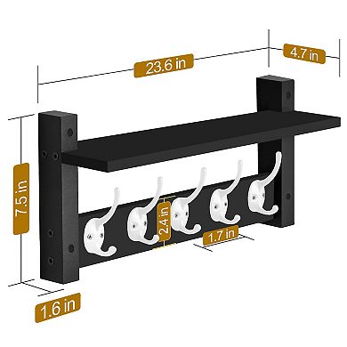 Sorbus 16 Inch Floating Wall Shelf with 5 Hooks for Entryway, Bathroom, Bedroom, Kitchen, etc