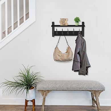 Sorbus 16 Inch Floating Wall Shelf with 5 Hooks for Entryway, Bathroom, Bedroom, Kitchen, etc