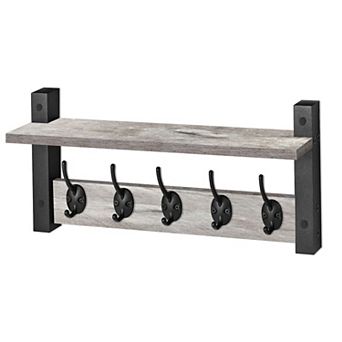 Sorbus 16 Inch Floating Wall Shelf with 5 Hooks for Entryway, Bathroom, Bedroom, Kitchen, etc