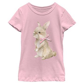 Girls' Cute Bunny With Pink Bow Short Sleeve Graphic Tee