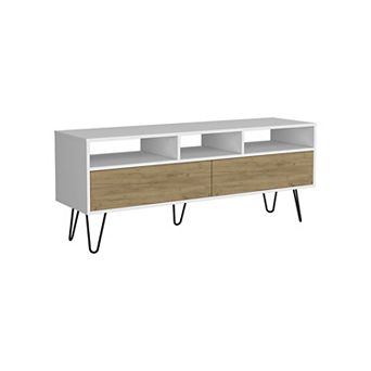 Salunga TV Stand, 2 Doors, 3 Shelves, 5 Legs, White/Natural Oak