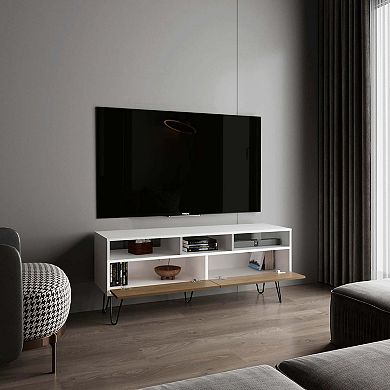 Salunga TV Stand, 2 Doors, 3 Shelves, 5 Legs, White/Natural Oak