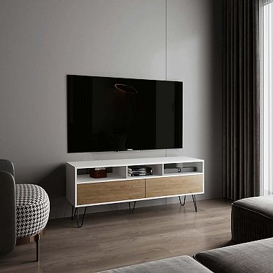 Salunga TV Stand, 2 Doors, 3 Shelves, 5 Legs, White/Natural Oak