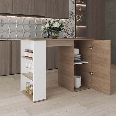 Rossiter Kitchen Island, 1 Door, 5 Shelves, Natural Oak/White
