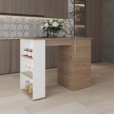 Rossiter Kitchen Island, 1 Door, 5 Shelves, Natural Oak/White