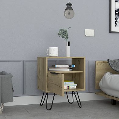 Begonia Nightstand, Shelf, Single Door Cabient, Hairpin Legs