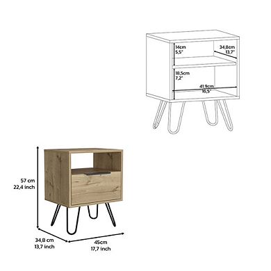 Begonia Nightstand, Shelf, Single Door Cabient, Hairpin Legs