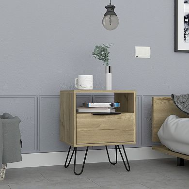 Begonia Nightstand, Shelf, Single Door Cabient, Hairpin Legs