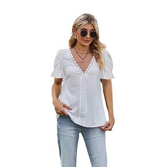 Women's Tops Puff Short Sleeve Floral Lace Patchwork V Neck T-Shirts Casual Loose Fit Blouses