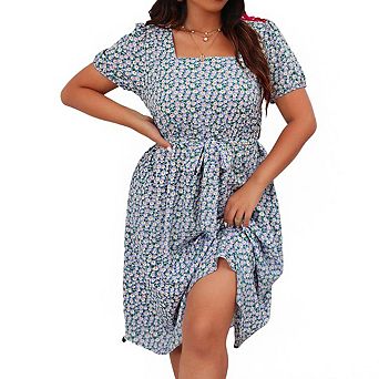 Womens Plus Size Square Neck Short Puff Sleeves Floral Pattern Self-Tie Belt Midi Dress