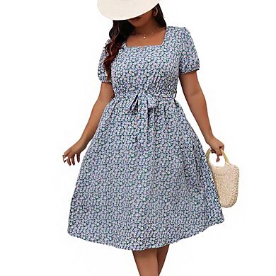 Womens Plus Size Square Neck Short Puff Sleeves Floral Pattern Self-Tie Belt Midi Dress