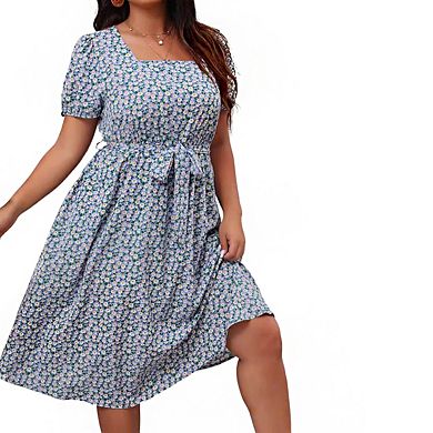 Womens Plus Size Square Neck Short Puff Sleeves Floral Pattern Self-Tie Belt Midi Dress