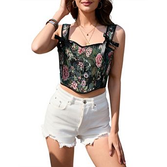 Women's Bustier Tops Vintage Floral Overbust Corset Neckline Body Shaper Bustier Top