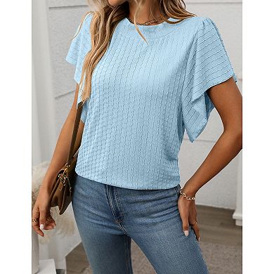 Women Summer Casual Flutter Short Sleeve Tops Basic Textured Round Neck T Shirts