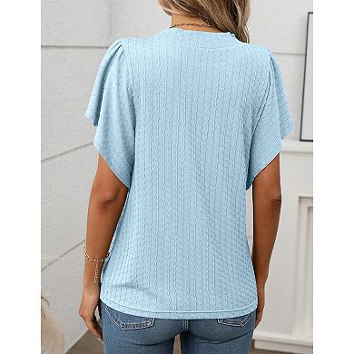 Women Summer Casual Flutter Short Sleeve Tops Basic Textured Round Neck T Shirts