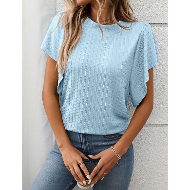 Women Summer Casual Flutter Short Sleeve Tops Basic Textured Round Neck T Shirts