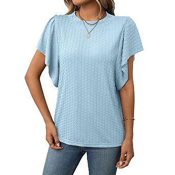 Women Summer Casual Flutter Short Sleeve Tops Basic Textured Round Neck T Shirts
