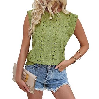 Womens Lace Tank Top Casual Eyelet Embroidery Wide Shoulder Strap Sleeveless Elegant Summer Blouse