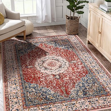 Machine Washable Area Rug Vintage Design Low Pile Easy Clean