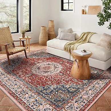Machine Washable Area Rug Vintage Design Low Pile Easy Clean