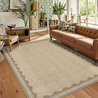 Modern Scalloped Edge Area Rug Machine Washable Vacuum Clean Ultra Thin Mat for Dining Room