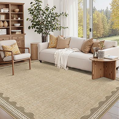 Modern Scalloped Edge Area Rug Machine Washable Vacuum Clean Ultra Thin Mat for Dining Room