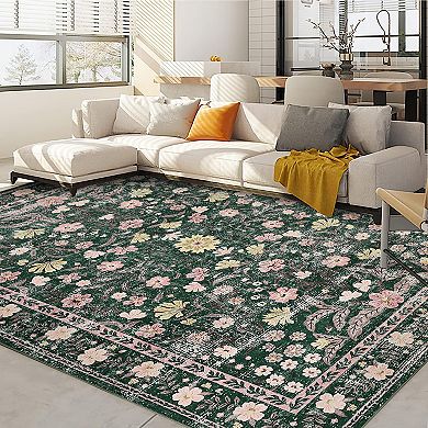 Area Rug Retro Boho Mottled Flowers Rug Durable Non-Shedding Low Pile Rug