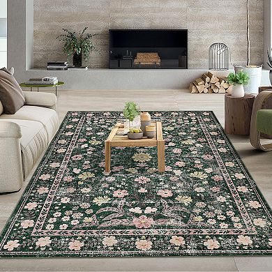 Area Rug Retro Boho Mottled Flowers Rug Durable Non-Shedding Low Pile Rug