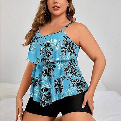 Women's Plus Size Ruffle Hem Two-Piece Swimsuit Flowy with Matching Swim Shorts