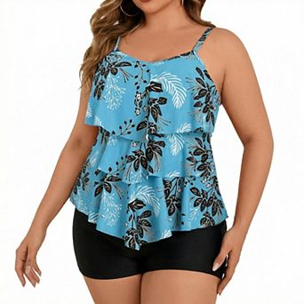 Women's Plus Size Ruffle Hem Two-Piece Swimsuit Flowy with Matching Swim Shorts