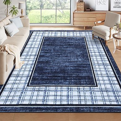 Modern Plaid Area Rug Non Slip Stain Resistant Low Pile Machine Washable Carpet for Bedroom Hallway