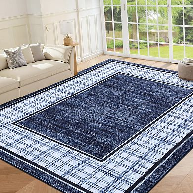 Modern Plaid Area Rug Non Slip Stain Resistant Low Pile Machine Washable Carpet for Bedroom Hallway