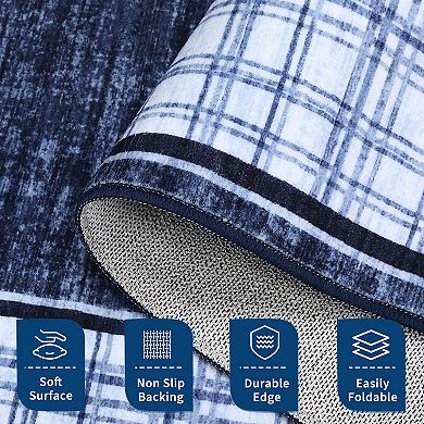 Modern Plaid Area Rug Non Slip Stain Resistant Low Pile Machine Washable Carpet for Bedroom Hallway