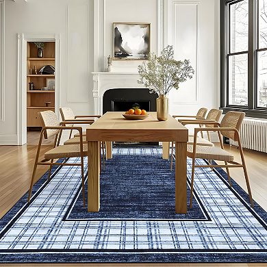 Modern Plaid Area Rug Non Slip Stain Resistant Low Pile Machine Washable Carpet for Bedroom Hallway