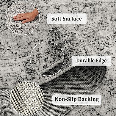 Machine Washable Area Rug Vintage Design, Low Pile Easy Clean, Super Soft with Gripper Backing