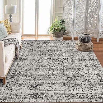 Machine Washable Area Rug Vintage Design, Low Pile Easy Clean, Super Soft with Gripper Backing
