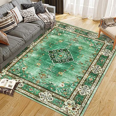 Floral Vintage Design Low Pile Machine Washable Non Slip Area Rug