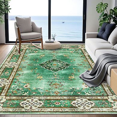 Floral Vintage Design Low Pile Machine Washable Non Slip Area Rug