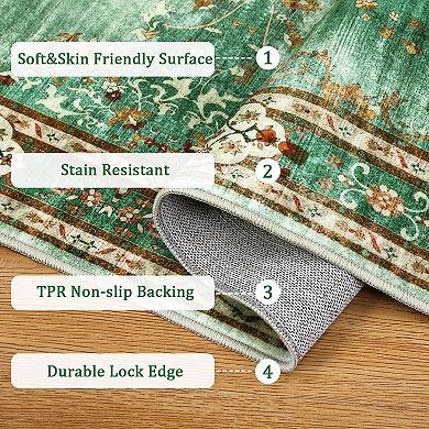 Floral Vintage Design Low Pile Machine Washable Non Slip Area Rug