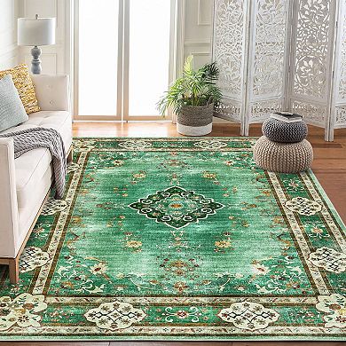 Floral Vintage Design Low Pile Machine Washable Non Slip Area Rug